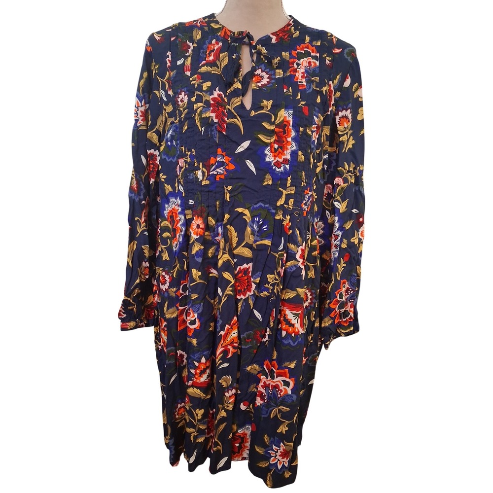 Old Navy Womens Blue Floral Pintuck Tie Neck Long Sleeve Shift Dress Large